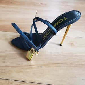 Tom Ford Shiny leather padlock pointy naked sandal (black and gold) LEFT SHOE